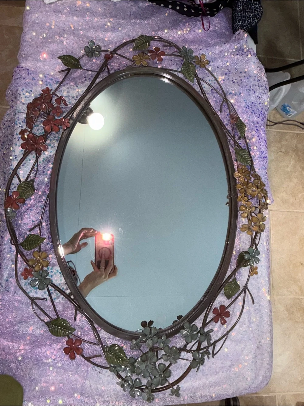Decorative Oval Wall Mirror with Floral Metal Frame - Bronze Finish